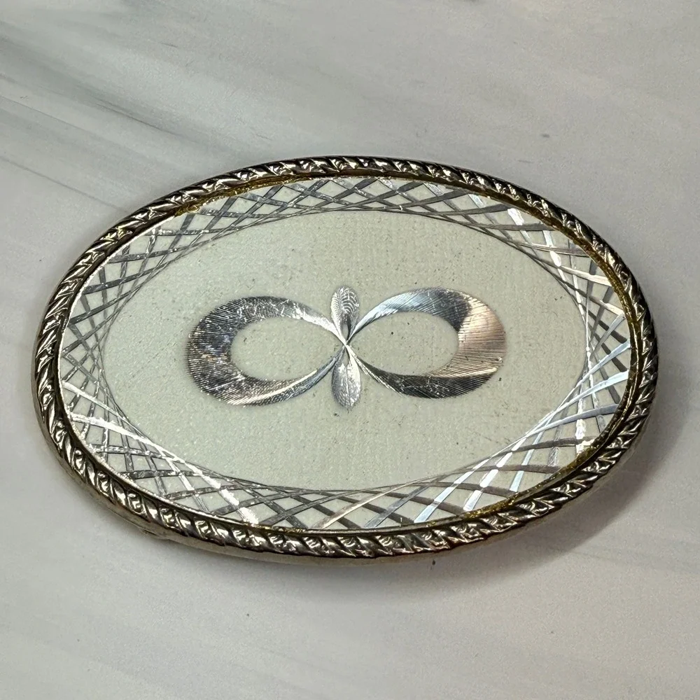 Vintage Silver Tone Infinity Symbol Western Belt Buckle Oval Diamond Cut Border
